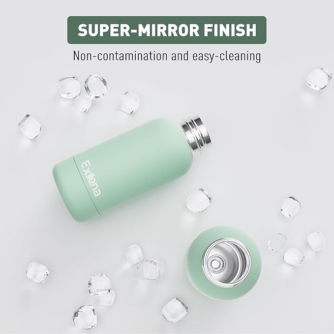 Exllena Small Water Bottle 12oz with Clip, Double Wall Stainless Steel Vacuum Small Insulated Water Bottle Keeps Drinks Cold 24 Hrs/Hot 12 Hrs for Kids Handbag School BPA Free (Mint)