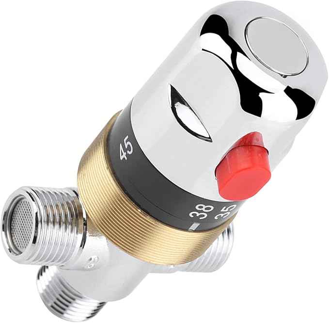 G1/2in Thermostatic Mixing Valve, Bathroom Water Temperature Control, Brass Thermostat Valve with Safety Switch for Bathtub Basin Kitchen, Easy to Install Durable Chrome Plated Acc