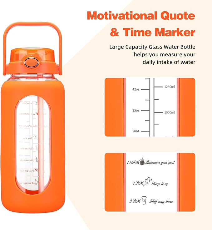 SIEROZUR 64 oz Glass Water Bottle with Straw and Handle Lid Half Gallon Motivational Glass Bottle with Silicone Sleeve and Time Marker Large Reusable Sports Water Jug for Gym Home Workout