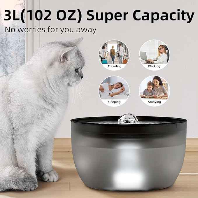Casfuy W8 Quiet Stainless Steel Dog & Cat Water Fountain with LED Light, Black, 102-oz