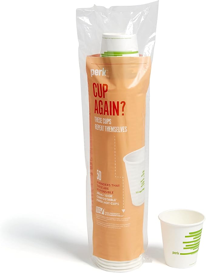 Perk Eco 10 Oz Compostable Paper Hot Cups, Disposable Coffee Cups for Hot Beverages, White/Green