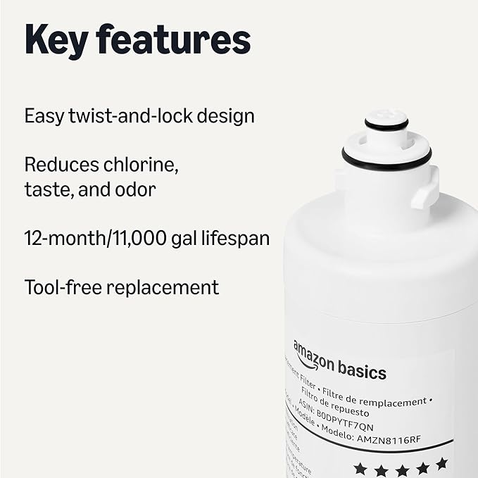 Amazon Basics Replacement Filter Cartridge for Under Sink Water Filter, NSF/ANSI 42 & 372 Certified, Service Life 1 Year, 11,000 Gallons, White