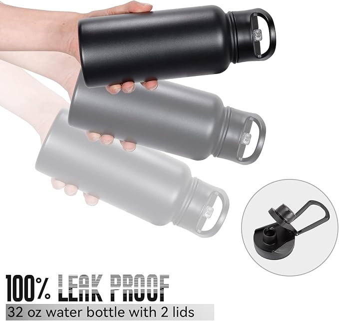 32 oz Insulated Water Bottle Bulk 8 Pack, Stainless Steel Sports Water Bottles with Straw Lid & Wide Mouth Lids, Double Walled Vacuum, Leak Proof, Black
