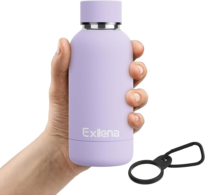 Exllena Small Water Bottle 12oz with Clip, Double Wall Stainless Steel Vacuum Small Insulated Water Bottle Keeps Drinks Cold 24 Hrs/Hot 12 Hrs for Kids Handbag School BPA Free (Purple)