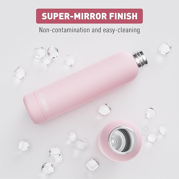 Exllena Slim Insulated Water Bottles for Travel 25oz with Clip, Double Wall Vacuum Stainless Steel Water Bottle Keeps Drinks Cold 24 Hrs/Hot 12 Hrs, 100% Leakproof, BPA Free(Pink)