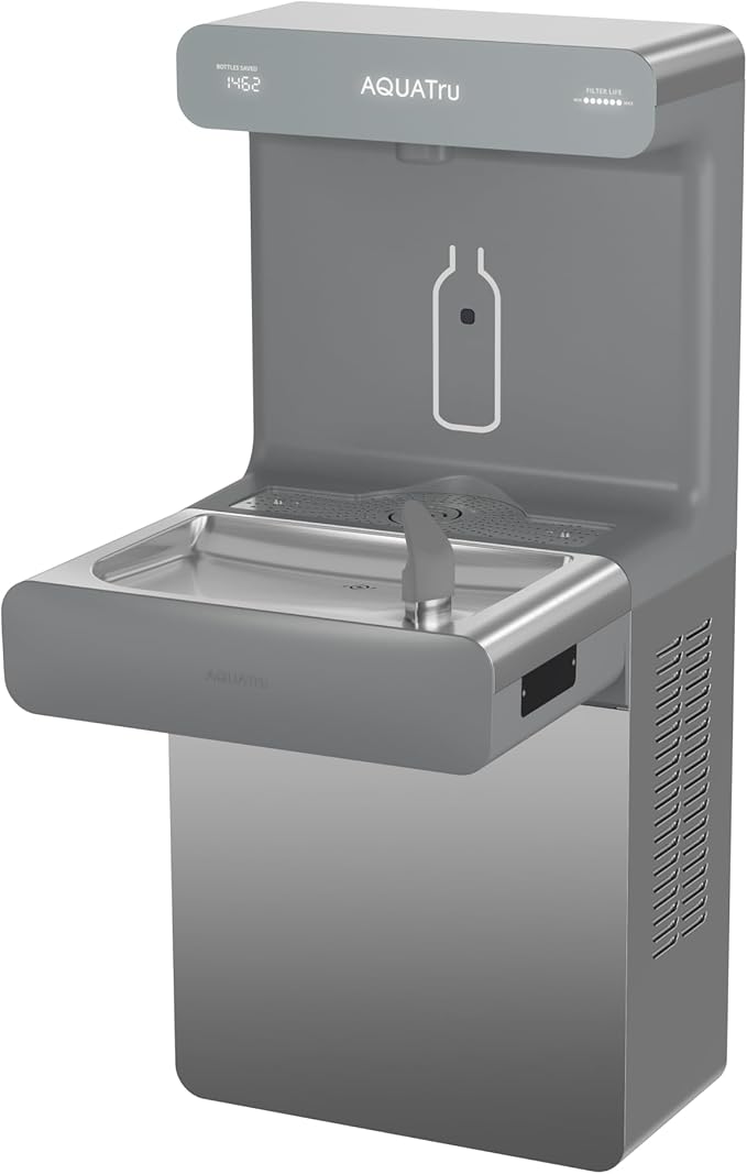 AquaTru Pro On-Wall Commercial Water Station with Bubbler | Wall Mount Bottle Filler & Drinking Fountain | NSF-Certified Filtration | 9.5 GPH Cooling Capacity | Touch-Free Refrigerated Dispenser