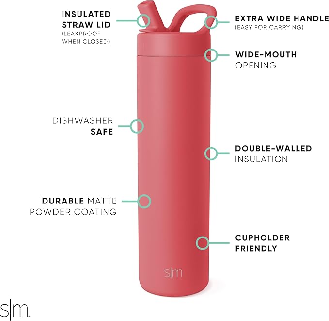 Simple Modern Water Bottle with Straw lid | Insulated Stainless Steel Thermos | Reusable Travel Water Bottles for Gym & Sports | Leak Proof & BPA Free | 24oz, Spiced Coral