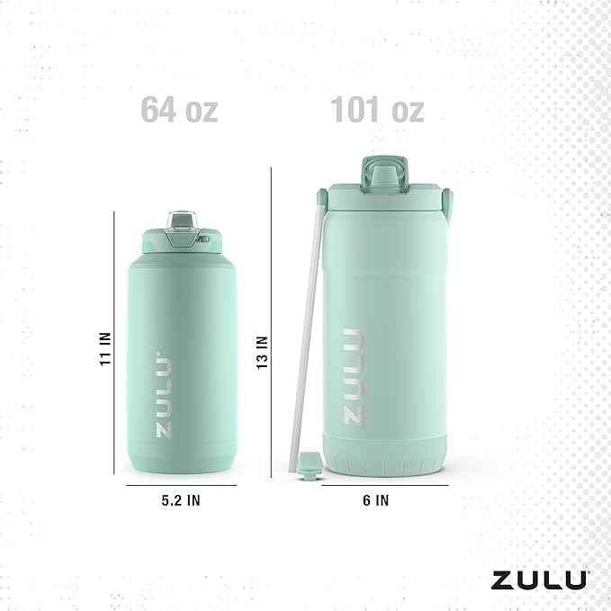 ZULU Goals Vacuum Insulated Large Capacity Stainless Steel Water Bottle | Reusable Jug Thermoses with Carry Handle | Leak-Proof Lid | Perfect for Travel, Workout, Gym, Hiking, Camping | 64oz, 101oz