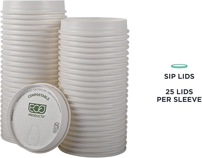 Eco-Products Compostable Paper Coffee Cup Lids, Case of 1000, White GreenStripe Tops, Fits 8oz Hot Cups, Lined With PLA, A Renewable Material Made from Plants, ASTM, BPI-Certified