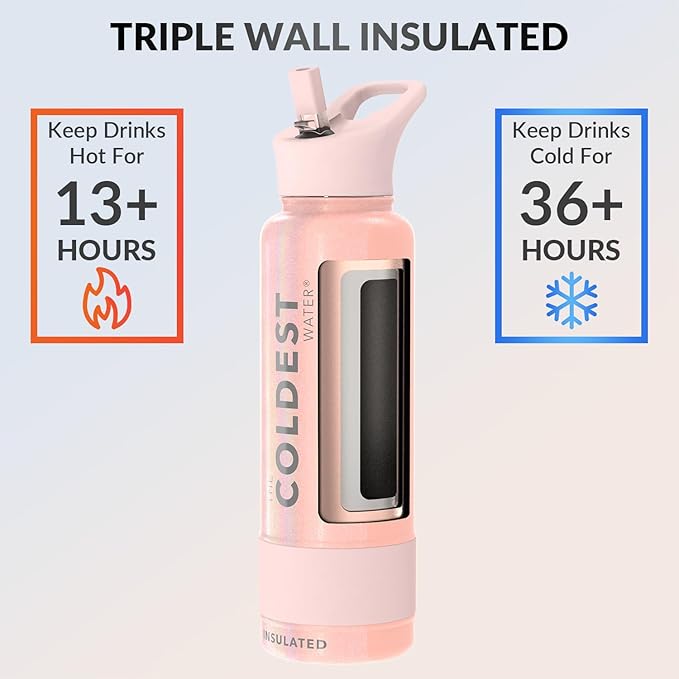 Coldest Insulated Water Bottle with Straw Lid - Stainless Steel Metal Insulated Bottle for Men & Women (Forever Pink Glitter, 40 oz)