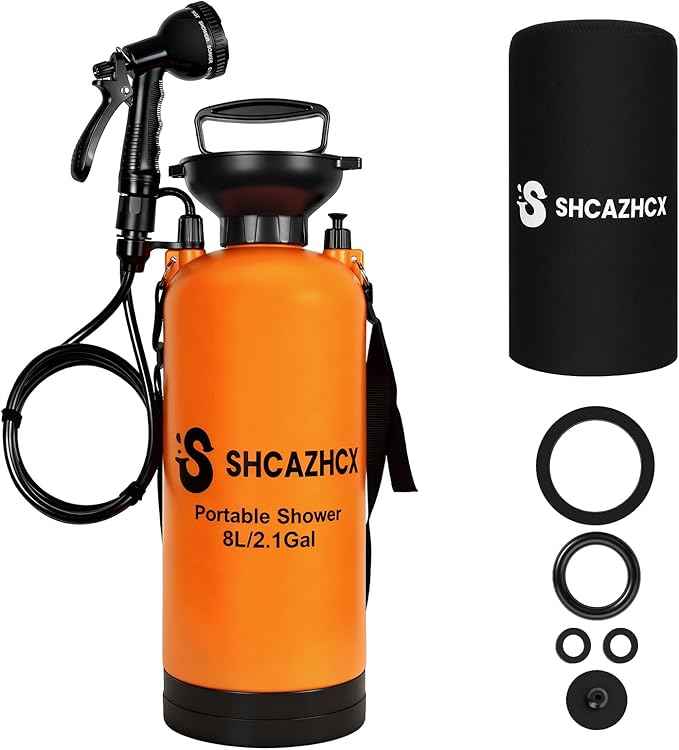 2.1 Gallon/8L Portable Water Shower, No Power Needed, Nylon Insulated Sleeve, 10 Spray Modes, Pressurized Portable Shower Sprayer for Camping, Hiking, Beach, Surfing & Outdoor Use, Orange