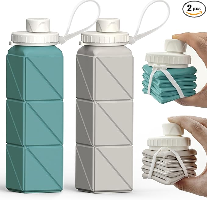 BEAUTAIL Collapsible Water Bottles 20.6oz, Silicone Foldable Portable Travel Water Bottle, BPA-Free, Leakproof Reusable for Traveling Camping Hiking Cycling Sports Outdoor, 2 Pack (Blue+Starlight)