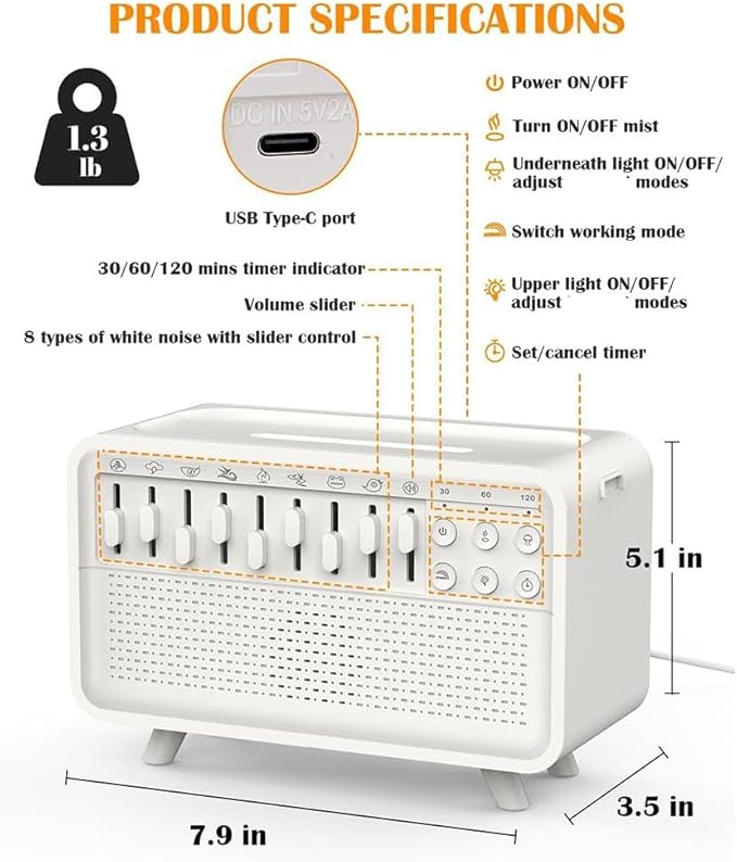 4 in 1 White Noise Night Light Humidifier with Sound Machine, 8 Ambient Sounds, Aromatherapy Humidifier for Sleep Meditation Work Yoga