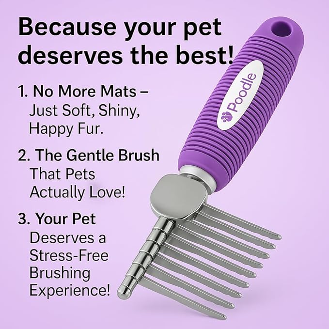 Poodle Dematting Fur Rake Comb Brush for Dogs and Cats - Long 2.5" Steel Safety Blades Metal Comb for Detangling Matted or Knotted Undercoat Hair - AquaVibe