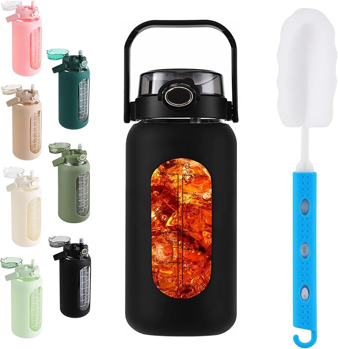 SIEROZUR 64 oz Glass Water Bottle with Straw and Handle Lid Half Gallon Motivational Glass Bottle with Silicone Sleeve and Time Marker Large Reusable Sports Water Jug for Gym Home Workout