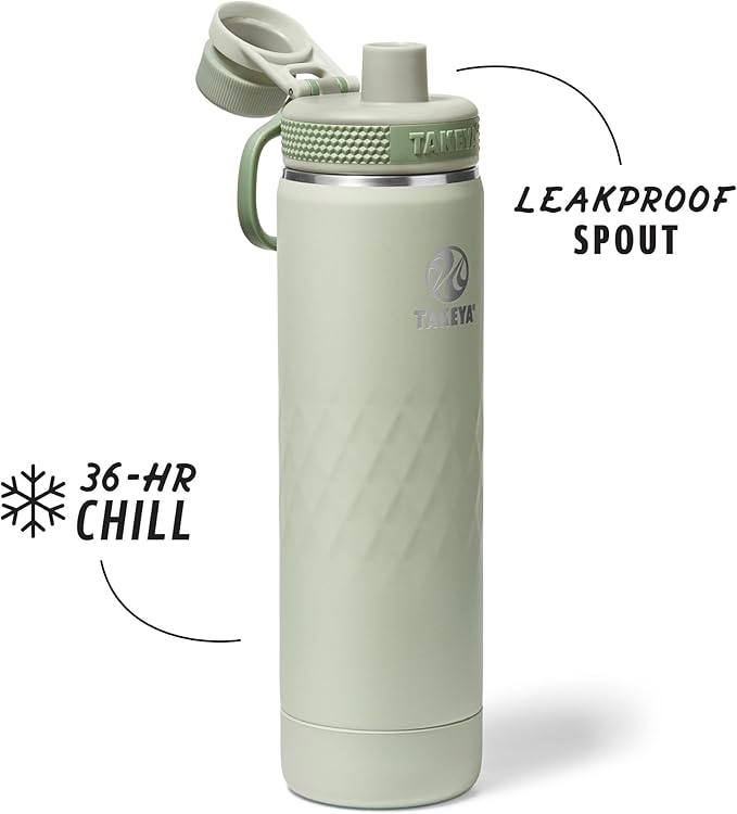 Takeya Sport 22 oz Triple-Insulated Stainless Steel Water Bottle, Spout Lid – Leakproof, Sweatproof, BPA-Free, Keeps Drinks Cold 36 Hrs, Hot 14 Hrs – Eucalyptus