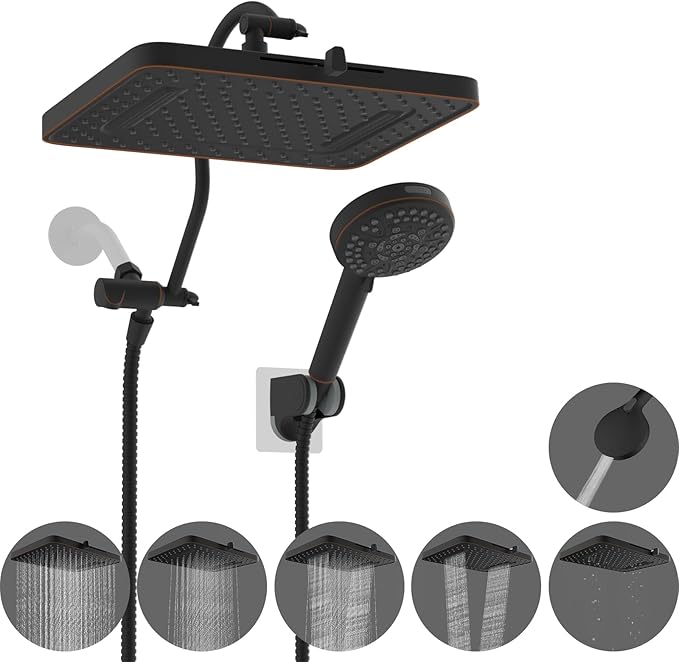 Hibbent 5-spray 13'' Shower Head, High Pressure Rainfall Shower Head, Dual Showerhead Combo with 10-mode Handheld Spray, 12'' Adjustable Extension Arm, 71'' Hose, Showerhead Holder, Oil Rubbed Bronze