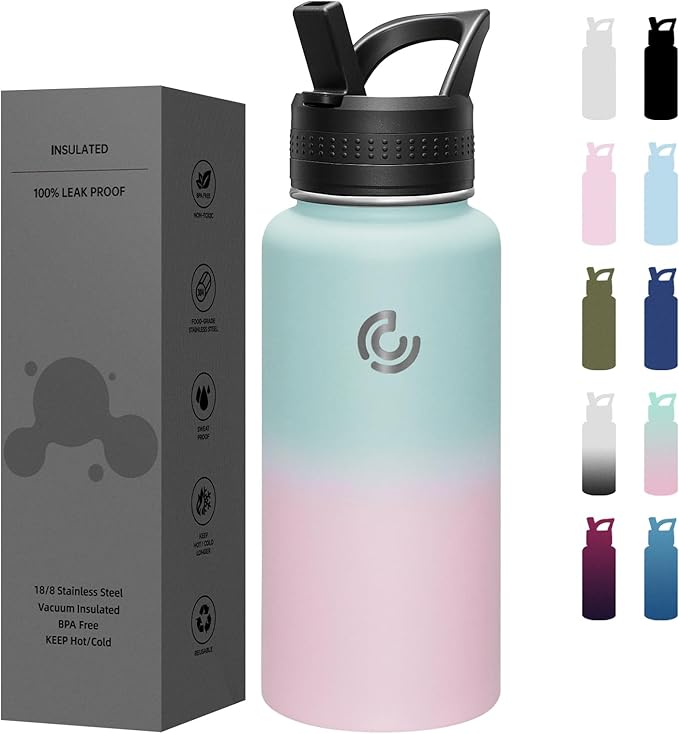 COKTIK 32oz Sports Water Bottle, Stainless Steel Water Bottle for Insulated, Reusable Travel Bottle, With Straw, With Handle Grip for Easy Carrying, Suitable for Cycling, Outdoor Vacations(Bubble Gum)