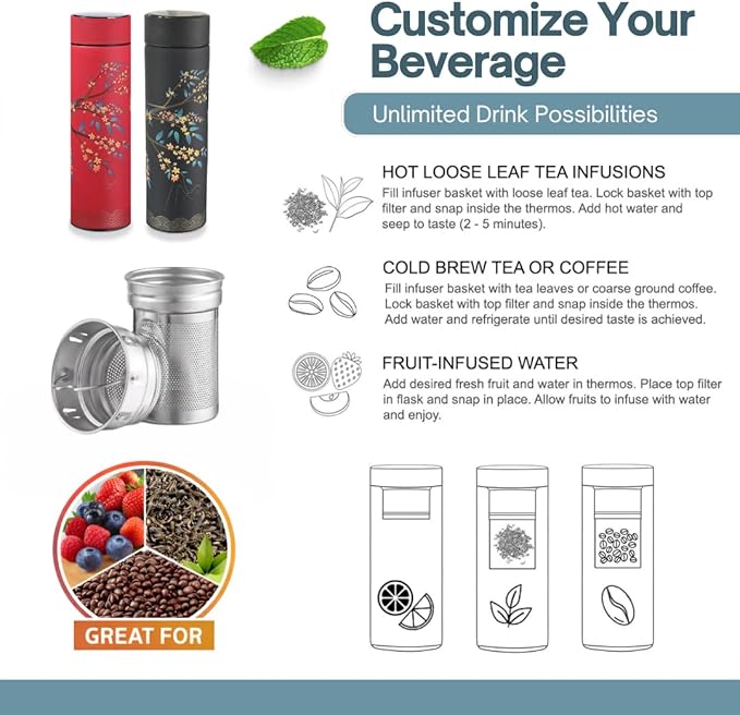 Farasi Tea Infuser for Loose Leaf Tea Smart Water Bottle with Fahrenheit Temperature Display, Stainless Steel Insulated Coffee and Fruit Tea Infuser Bottle - Red Floral Travel Tea Mug 15 oz