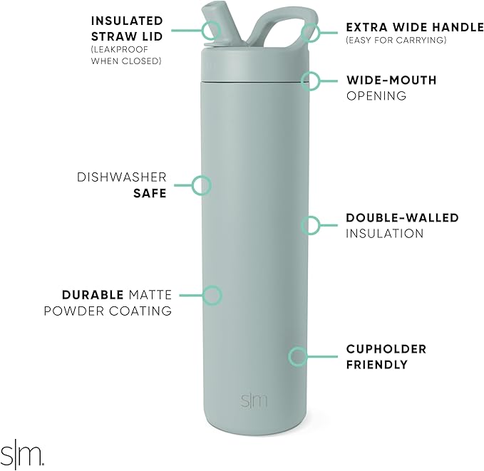 Simple Modern Water Bottle with Straw lid | Insulated Stainless Steel Thermos | Reusable Travel Water Bottles for Gym & Sports | Leak Proof & BPA Free | 24oz, Sea Glass Sage