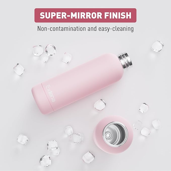 Exllena Slim Insulated Water Bottles for Travel 18oz with Clip, Double Wall Vacuum Stainless Steel Water Bottle Keeps Drinks Cold 24 Hrs/Hot 12 Hrs, 100% Leakproof, BPA Free(Pink)