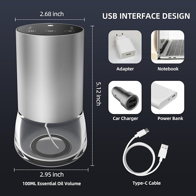 Waterless Essential Oil Diffuser 100ML Large Capacity Battery Operated Cordless Aromatherapy Diffuser with Timing & 3 Mist Levels car Diffuser 7 Colour Led Lights (Silver)