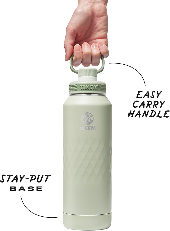 Takeya Sport 40 oz Triple-Insulated Stainless Steel Water Bottle, Spout Lid – Leakproof, Sweatproof, BPA-Free, Keeps Drinks Cold 36 Hrs, Hot 14 Hrs – Eucalyptus