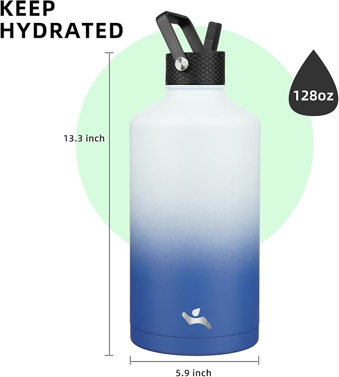 Gallon Insulated Water Bottle with Straw,128 oz 3 Lids Water Jug with Carrying Bag,Paracord Handle, Double Wall Vacuum Stainless Steel Metal Flask,Sky