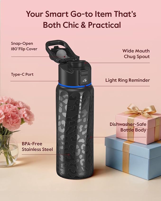 BOOST Smart Water Bottle with Reminder & Tracker, Double Wall Vacuum Insulated Bottles Stainless Steel, 32oz BPA-Free Wide Mouth for Gym, Office, School, Ideal Gift for Christmas, New Year