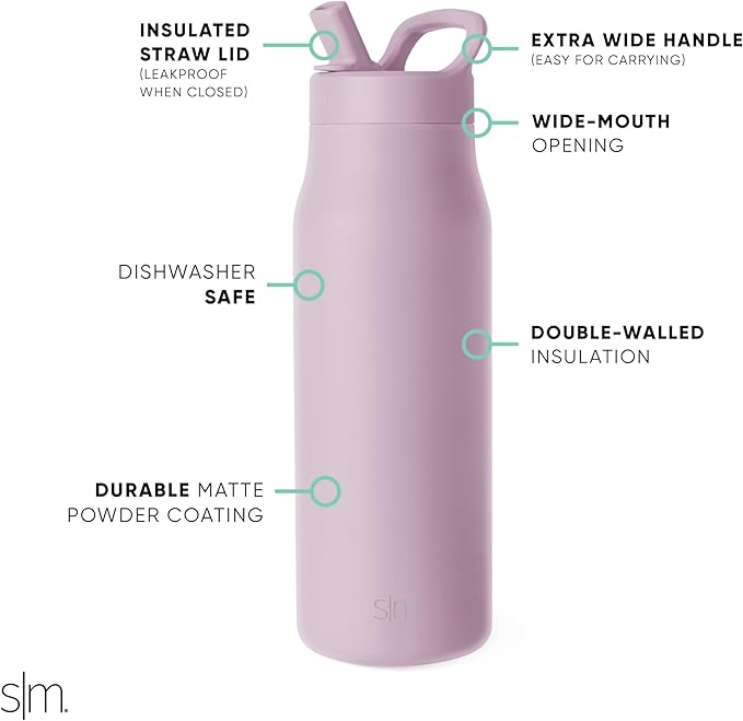 Simple Modern Water Bottle with Straw lid | Insulated Stainless Steel Thermos | Reusable Travel Water Bottles for Gym & Sports | Leak Proof & BPA Free | 34oz, Lavender Mist