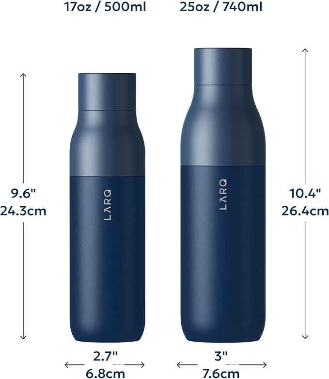 LARQ Bottle PureVis 17 oz - Self-Cleaning and Insulated Stainless Steel Water Bottle with UV Water Purifier and Award-winning Design | Reusable & Travel Friendly, Monaco Blue