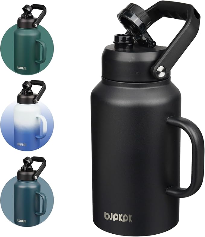 BJPKPK 87oz Insulated Water Bottle with Handle, Large Dishwasher Safe 2/3 Gallon Water Bottle, BPA Free Water Jug, Wide Mouth Metal Flasks with Anti-slip Bottom, Keep Cold & Hot,Black