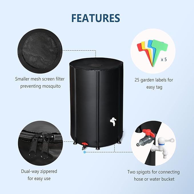 VINGLI Upgraded 100 Gallon Collapsible Rain Barrel, Portable Water Storage Collection System, Weather Proof Sturdy Tank Catcher Container with Filter Spigot Overflow Kit Black