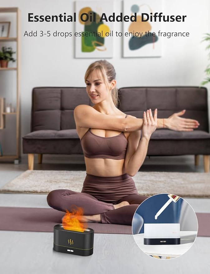 Essential Oil Diffuser, Air Humidifier with Flame Led Light - 7 Colors, 180mL Capacity (8 Hours), Noiseless Operation, Auto-Off Protection - Perfect for Home Bedroom Office Gifts(Black)
