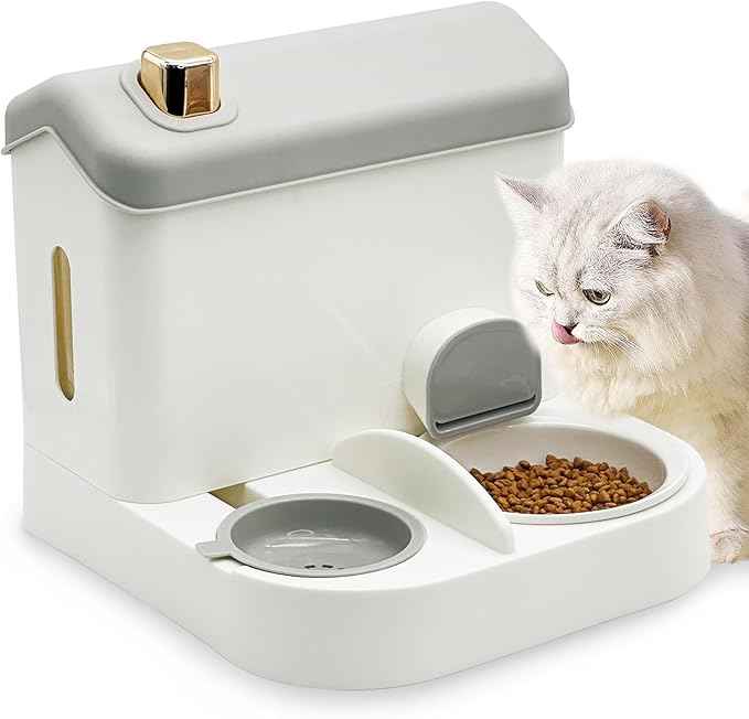 Fhiny Gravity Cat Feeder and Water Dispenser, 2 in 1 Gravity Feeder Dry Food & Waterer with Removable Ceramic Bowl, Self Feeding Station for Indoor Cats, Kittens, Puppies - Easy Clean (Grey)