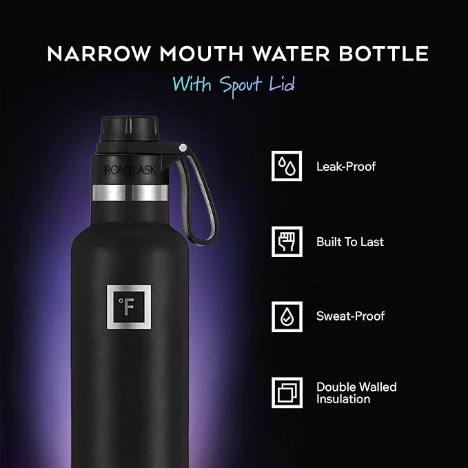 IRON °FLASK Camping & Hiking Hydration Flask with Spout, Narrow Mouth Insulated Stainless Steel Sports Water Bottle - Aurora 24 oz - Spout (1 Lid)
