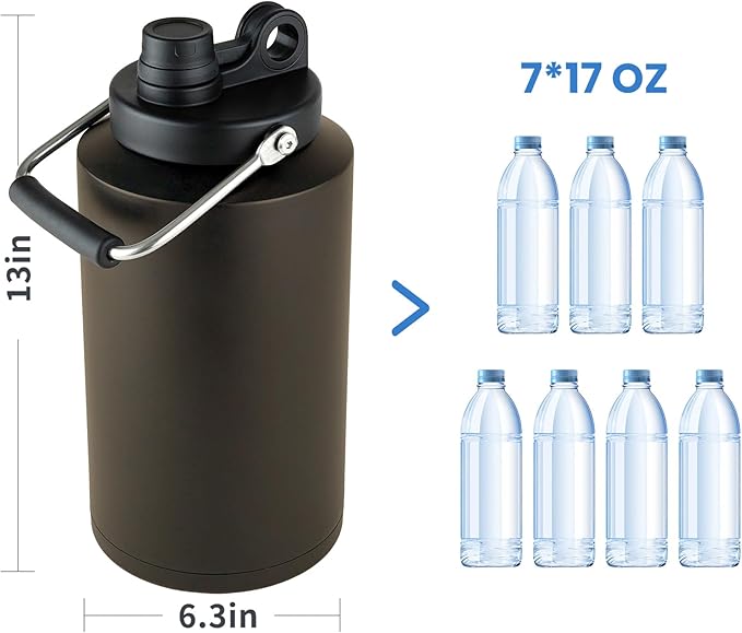 1 Gallon Water Bottle Insulated Stainless Steel Keeps Ice 48Hr, Large Water Gallon Jug Wide Mouth Leakproof Vacuum for Gym, Camping, & Construction Dark Khaki