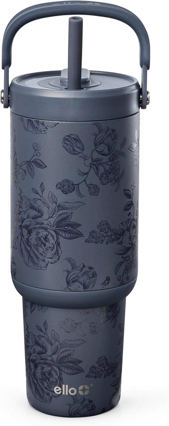Ello Oasis Go+ 32oz Tumbler with Top Handle and Retracting Straw | Reusable Insulated Stainless Cup, 100% Leakproof Water Bottle, 24 Hours Cold, Cup Holder Friendly For Travel | Porcelain Rose Navy