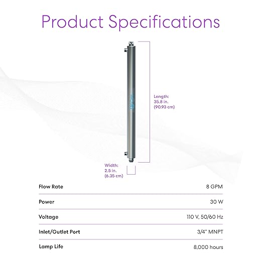 Brio UVS8 UV Ultraviolet Light Water Treatment System for Whole House, 30W, 8 GPM, 110V, 35.8" L x 2.5" D, 8000 Hrs., Includes Extra UV Lamp, UL Listed Ballast