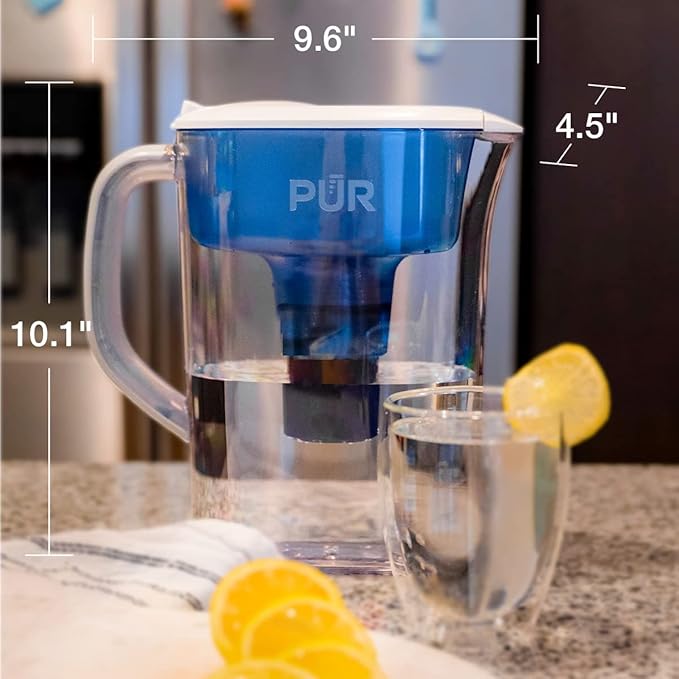 PUR 7-Cup Water Filter Pitcher, Cleaner, Great-Tasting Water, Dishwasher Safe, Powerful, Faster Filtration, LockFit Cap Design - White (Pack of 2)