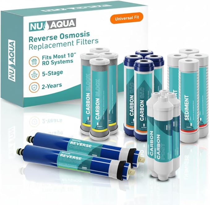 NU Aqua Reverse Osmosis Water Filter System Replacement Set - 5 Stage 2 Year Under Sink Kit - Includes Membrane, Sediment, Carbon Filters, Parts & Fittings - Universal RO Filtration Cartridge Pack - AquaVibe