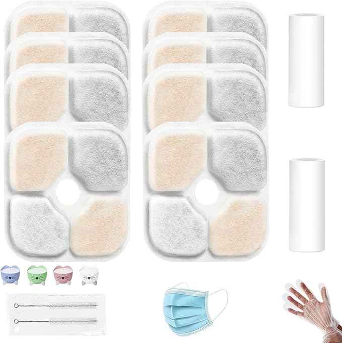 8-Pack Cat Water Fountain Filter for Catit Pixi Water Fountain Filter Replacement Triple Action Water Filter, 2 Pump Tubes 2 Hard Brush for pixi catit water fountain filter