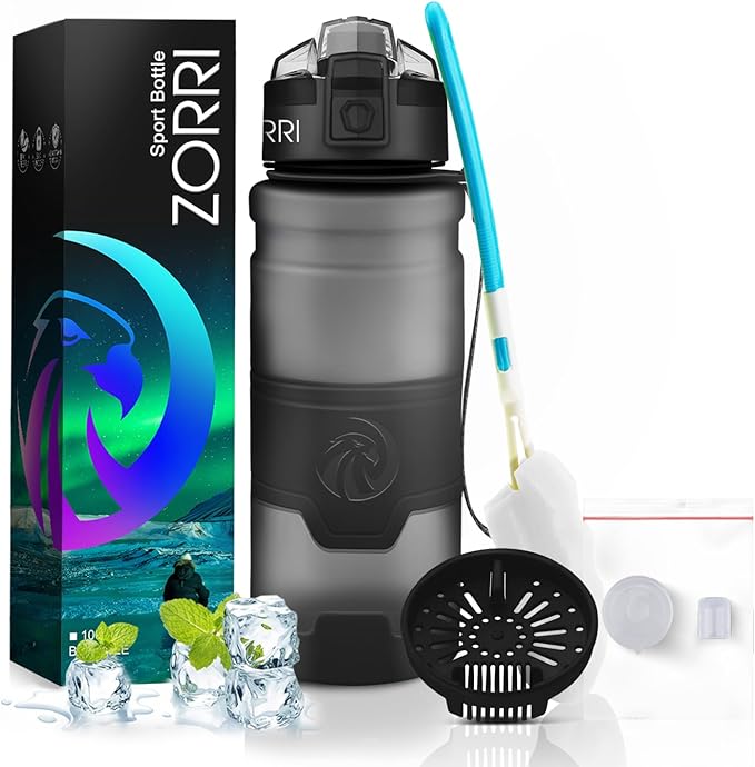 ZORRI Sports Water Bottle, 400/500/700ml/1L, BPA Free Leak Proof Tritan Lightweight Bottles for Outdoors,Camping,Cycling,Fitness,Gym,Yoga- Kids/Adults Drink Bottles with Filter, Lockable Pop Open Lid
