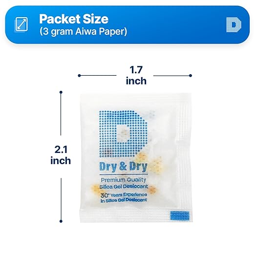 Dry & Dry 3 Gram [500 Packets] Premium Orange Indicating Silica Gel Packets Desiccants - Food Safe Silica Packets Silica Gel Silica Gel Packets