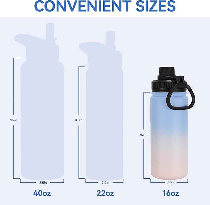 DOMICARE 16 oz Kids Water Bottle for School Stainless Steel Double Wall Vacuum Insulated Water Bottle with Straw lids & Spout Lid, Leakproof BPA Free (Blue/Pink,8)