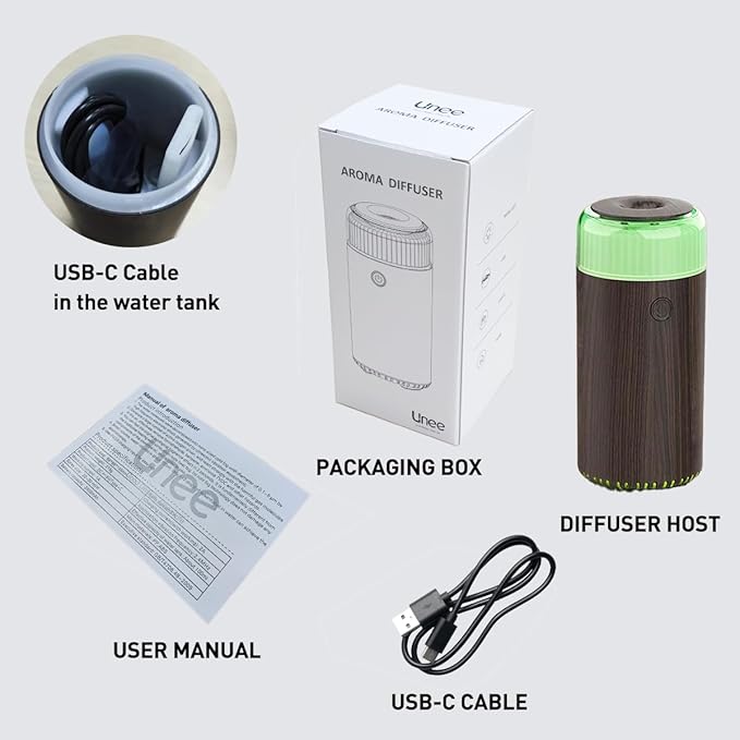 Unee Upgrade Car Diffuser,90ml USB Rechargeable Aroma Essential Oil Aromatherapy Humidifier Diffuser(Built-in Battery Dark Grey Wood Grain)