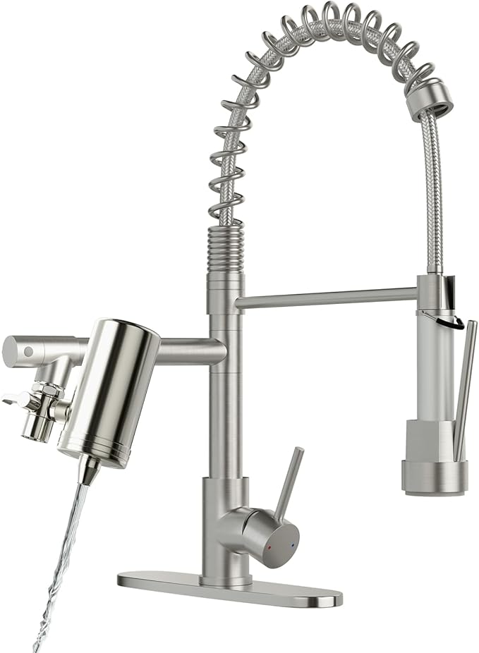 AIMADI Kitchen Faucet with Water Filter and Pull Down Sprayer, Brushed Nickel Stainless Steel Single Handle Kitchen Sink Faucet for Drinking Water, Farmhouse, RV, Utility or Laundry Sink