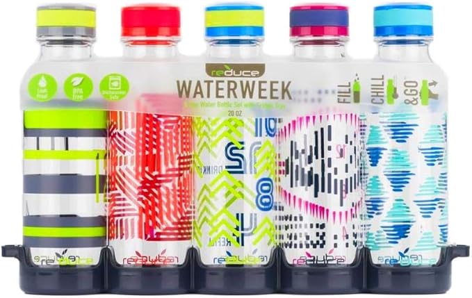 REDUCE WaterWeek Reusable Water Bottle Set, 20oz - Plastic Reusable Water Bottle Set of 5, Plus Fridge Tray - BPA-Free, Leak Proof Twist Off Cap - Score