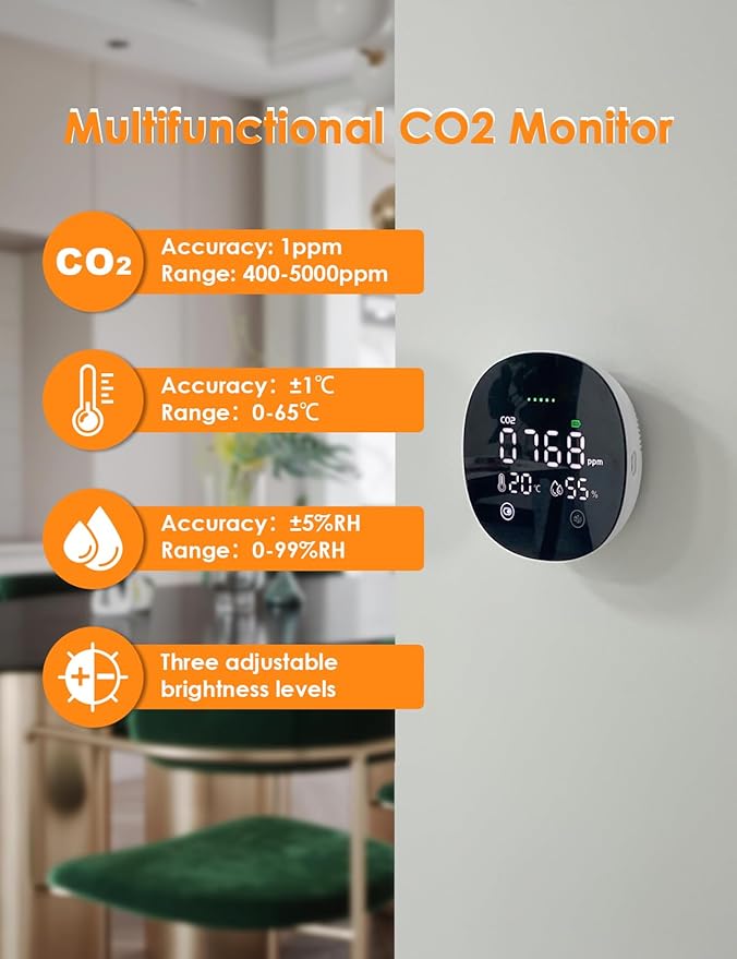 CO2 Monitor, 3 in 1 CO2 Detector Temperature and Humidity Air Quality Monitor Carbon Dioxide Detector for Travel Portable CO2 Tester Indoor Air Quality Monitor for Home School Office