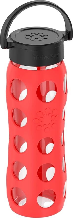 Lifefactory 22-Ounce BPA-Free Glass Water Bottle with Classic Cap and Protective Silicone Sleeve, Poppy